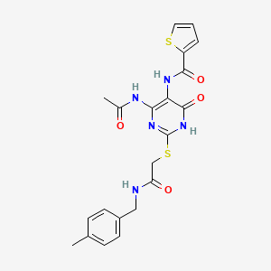 molecular formula C21H21N5O4S2 B2578653 N-(4-乙酰氨基-2-((2-((4-甲基苄基)氨基)-2-氧代乙基)硫代)-6-氧代-1,6-二氢嘧啶-5-基)噻吩-2-甲酰胺 CAS No. 872609-00-2