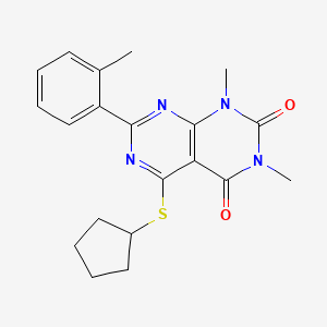molecular formula C20H22N4O2S B2578665 5-环戊基硫代-1,3-二甲基-7-(2-甲基苯基)嘧啶并[4,5-d]嘧啶-2,4-二酮 CAS No. 872627-61-7