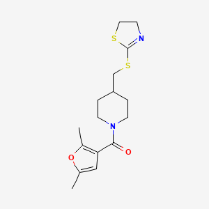 molecular formula C16H22N2O2S2 B2578728 (4-(((4,5-二氢噻唑-2-基)硫代)甲基)哌啶-1-基)(2,5-二甲基呋喃-3-基)甲酮 CAS No. 1396761-59-3