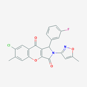 molecular formula C22H14ClFN2O4 B257873 7-Chloro-1-(3-fluorophenyl)-6-methyl-2-(5-methyl-3-isoxazolyl)-1,2-dihydrochromeno[2,3-c]pyrrole-3,9-dione 