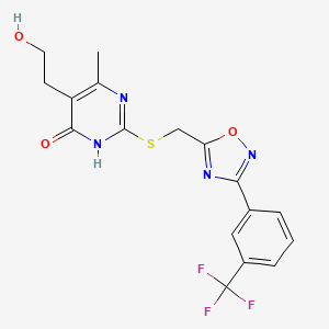 molecular formula C17H15F3N4O3S B2578740 5-(2-Hydroxyethyl)-6-methyl-2-[({3-[3-(trifluoromethyl)phenyl]-1,2,4-oxadiazol-5-yl}methyl)sulfanyl]-4-pyrimidinol CAS No. 946236-26-6