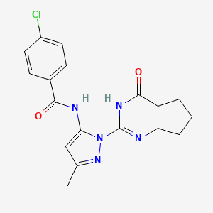 molecular formula C18H16ClN5O2 B2578746 4-chloro-N-(3-methyl-1-(4-oxo-4,5,6,7-tetrahydro-3H-cyclopenta[d]pyrimidin-2-yl)-1H-pyrazol-5-yl)benzamide CAS No. 1003799-65-2