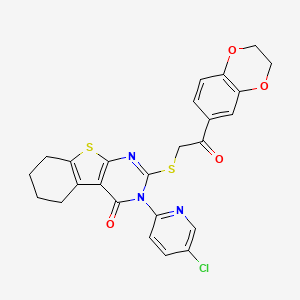 molecular formula C25H20ClN3O4S2 B2578902 3-(5-Chloropyridin-2-yl)-2-[2-(2,3-dihydro-1,4-benzodioxin-6-yl)-2-oxoethyl]sulfanyl-5,6,7,8-tetrahydro-[1]benzothiolo[2,3-d]pyrimidin-4-one CAS No. 380339-83-3