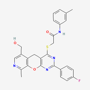 molecular formula C27H23FN4O3S B2578909 2-{[2-(4-fluorophenyl)-6-(hydroxymethyl)-9-methyl-5H-pyrido[4',3':5,6]pyrano[2,3-d]pyrimidin-4-yl]thio}-N-(3-methylphenyl)acetamide CAS No. 892385-30-7