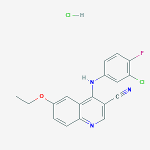 molecular formula C18H14Cl2FN3O B2578923 4-((3-Chloro-4-fluorophenyl)amino)-6-ethoxyquinoline-3-carbonitrile hydrochloride CAS No. 1323621-76-6