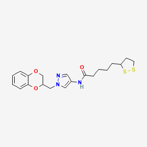 molecular formula C20H25N3O3S2 B2578942 N-(1-((2,3-dihydrobenzo[b][1,4]dioxin-2-yl)methyl)-1H-pyrazol-4-yl)-5-(1,2-dithiolan-3-yl)pentanamide CAS No. 1705877-03-7
