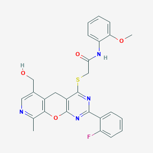 molecular formula C27H23FN4O4S B2578953 2-((2-(2-氟苯基)-6-(羟甲基)-9-甲基-5H-吡啶并[4',3':5,6]吡喃并[2,3-d]嘧啶-4-基)硫代)-N-(2-甲氧基苯基)乙酰胺 CAS No. 892386-20-8
