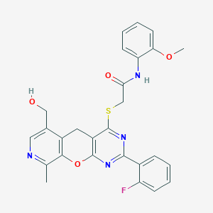 molecular formula C27H23FN4O4S B2578953 2-((2-(2-fluorophenyl)-6-(hydroxymethyl)-9-methyl-5H-pyrido[4',3':5,6]pyrano[2,3-d]pyrimidin-4-yl)thio)-N-(2-methoxyphenyl)acetamide CAS No. 892386-20-8