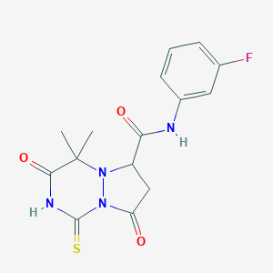molecular formula C15H15FN4O3S B257896 N-(3-fluorophenyl)-4,4-dimethyl-3,8-dioxo-1-sulfanyl-3,4,7,8-tetrahydro-6H-pyrazolo[1,2-a][1,2,4]triazine-6-carboxamide 