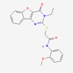 molecular formula C21H19N3O4S B2579000 2-[(3-ethyl-4-oxo-3,4-dihydro[1]benzofuro[3,2-d]pyrimidin-2-yl)sulfanyl]-N-(2-methoxyphenyl)acetamide CAS No. 899742-19-9