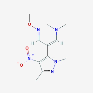 molecular formula C11H17N5O3 B2579014 3-(dimethylamino)-2-(1,3-dimethyl-4-nitro-1H-pyrazol-5-yl)acrylaldehyde O-methyloxime CAS No. 321998-09-8