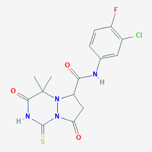 molecular formula C15H14ClFN4O3S B257902 N-(3-chloro-4-fluorophenyl)-4,4-dimethyl-3,8-dioxo-1-sulfanyl-3,4,7,8-tetrahydro-6H-pyrazolo[1,2-a][1,2,4]triazine-6-carboxamide 