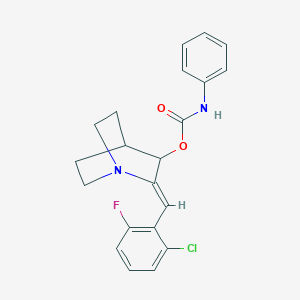 molecular formula C21H20ClFN2O2 B2579038 2-[(Z)-(2-chloro-6-fluorophenyl)methylidene]-1-azabicyclo[2.2.2]oct-3-yl N-phenylcarbamate CAS No. 477858-52-9