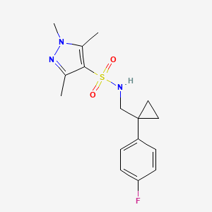molecular formula C16H20FN3O2S B2579041 N-((1-(4-fluorophenyl)cyclopropyl)methyl)-1,3,5-trimethyl-1H-pyrazole-4-sulfonamide CAS No. 1428362-77-9