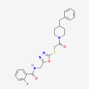 molecular formula C24H25FN4O3S B2579059 N-((5-((2-(4-benzylpiperidin-1-yl)-2-oxoethyl)thio)-1,3,4-oxadiazol-2-yl)methyl)-2-fluorobenzamide CAS No. 851860-74-7