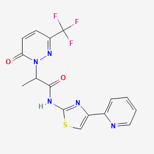molecular formula C16H12F3N5O2S B2579146 2-[6-Oxo-3-(trifluoromethyl)pyridazin-1-yl]-N-(4-pyridin-2-yl-1,3-thiazol-2-yl)propanamide CAS No. 2380178-09-4