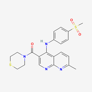 molecular formula C21H22N4O3S2 B2579154 (7-甲基-4-((4-(甲磺酰基)苯基)氨基)-1,8-萘啶-3-基)(硫代吗啉)甲酮 CAS No. 1251690-32-0