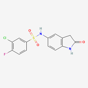 molecular formula C14H10ClFN2O3S B2579254 3-氯-4-氟-N-(2-氧代吲哚-5-基)苯磺酰胺 CAS No. 921538-82-1
