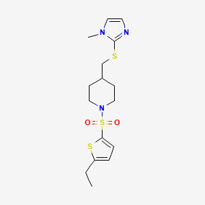 molecular formula C16H23N3O2S3 B2579293 1-((5-ethylthiophen-2-yl)sulfonyl)-4-(((1-methyl-1H-imidazol-2-yl)thio)methyl)piperidine CAS No. 1428358-06-8