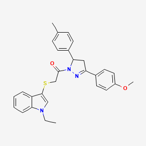 molecular formula C29H29N3O2S B2579295 2-(1-Ethylindol-3-yl)sulfanyl-1-[5-(4-methoxyphenyl)-3-(4-methylphenyl)-3,4-dihydropyrazol-2-yl]ethanone CAS No. 681216-96-6