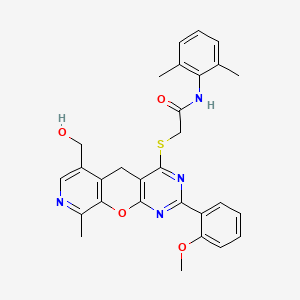 molecular formula C29H28N4O4S B2579333 N-(2,6-dimethylphenyl)-2-((6-(hydroxymethyl)-2-(2-methoxyphenyl)-9-methyl-5H-pyrido[4',3':5,6]pyrano[2,3-d]pyrimidin-4-yl)thio)acetamide CAS No. 892379-92-9