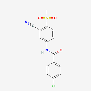 molecular formula C15H11ClN2O3S B2579391 4-Chloro-N-(3-cyano-4-(methylsulfonyl)phenyl)benzenecarboxamide CAS No. 320421-54-3