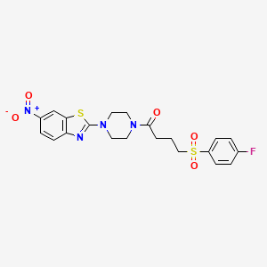 molecular formula C21H21FN4O5S2 B2579405 4-((4-氟苯基)磺酰基)-1-(4-(6-硝基苯并[d]噻唑-2-基)哌嗪-1-基)丁烷-1-酮 CAS No. 941907-43-3
