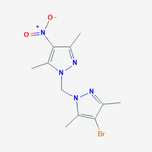 molecular formula C11H14BrN5O2 B2579420 4-bromo-1-[(3,5-dimethyl-4-nitro-1H-pyrazol-1-yl)methyl]-3,5-dimethyl-1H-pyrazole CAS No. 1005640-61-8