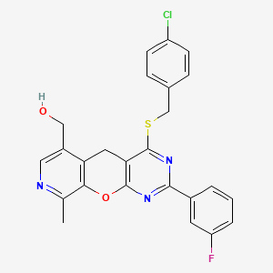 molecular formula C25H19ClFN3O2S B2579434 (4-((4-chlorobenzyl)thio)-2-(3-fluorophenyl)-9-methyl-5H-pyrido[4',3':5,6]pyrano[2,3-d]pyrimidin-6-yl)methanol CAS No. 892415-47-3