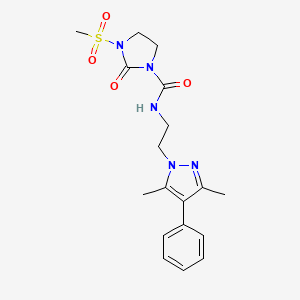 molecular formula C18H23N5O4S B2579445 N-(2-(3,5-二甲基-4-苯基-1H-吡唑-1-基)乙基)-3-(甲磺酰基)-2-氧代咪唑烷-1-甲酰胺 CAS No. 2034506-54-0