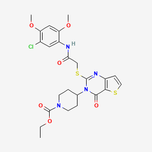 molecular formula C24H27ClN4O6S2 B2579469 ethyl 4-(2-((2-((5-chloro-2,4-dimethoxyphenyl)amino)-2-oxoethyl)thio)-4-oxothieno[3,2-d]pyrimidin-3(4H)-yl)piperidine-1-carboxylate CAS No. 1795298-43-9