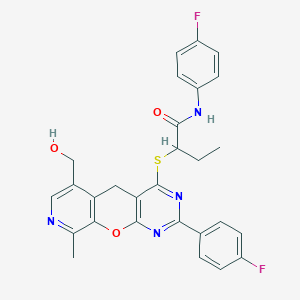 molecular formula C28H24F2N4O3S B2579471 N-(4-fluorophenyl)-2-((2-(4-fluorophenyl)-6-(hydroxymethyl)-9-methyl-5H-pyrido[4',3':5,6]pyrano[2,3-d]pyrimidin-4-yl)thio)butanamide CAS No. 892414-63-0