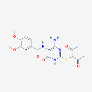 molecular formula C18H20N4O6S B2579498 N-(4-amino-2-((2,4-dioxopentan-3-yl)thio)-6-oxo-1,6-dihydropyrimidin-5-yl)-3,4-dimethoxybenzamide CAS No. 868228-37-9