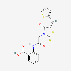 molecular formula C17H12N2O4S3 B2579571 (E)-2-(2-(4-oxo-5-(thiophen-2-ylmethylene)-2-thioxothiazolidin-3-yl)acetamido)benzoic acid CAS No. 637317-96-5