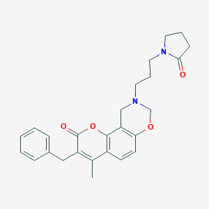 molecular formula C26H28N2O4 B257963 3-benzyl-4-methyl-9-[3-(2-oxo-1-pyrrolidinyl)propyl]-9,10-dihydro-2H,8H-chromeno[8,7-e][1,3]oxazin-2-one 