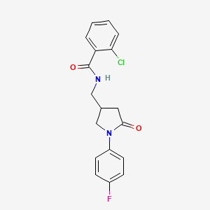 molecular formula C18H16ClFN2O2 B2579675 2-chloro-N-((1-(4-fluorophenyl)-5-oxopyrrolidin-3-yl)methyl)benzamide CAS No. 955243-92-2