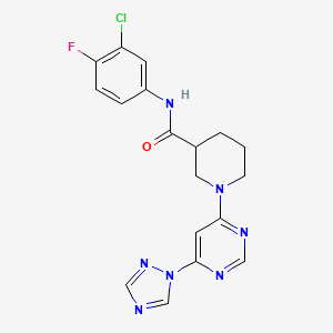 molecular formula C18H17ClFN7O B2579676 1-(6-(1H-1,2,4-triazol-1-yl)pyrimidin-4-yl)-N-(3-chloro-4-fluorophenyl)piperidine-3-carboxamide CAS No. 1797563-25-7