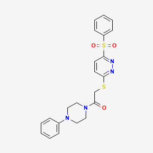 molecular formula C22H22N4O3S2 B2579723 1-(4-Phenylpiperazin-1-yl)-2-((6-(phenylsulfonyl)pyridazin-3-yl)thio)ethanone CAS No. 1189678-59-8