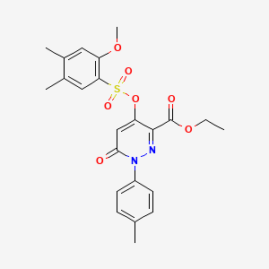 molecular formula C23H24N2O7S B2579733 Ethyl 4-(((2-methoxy-4,5-dimethylphenyl)sulfonyl)oxy)-6-oxo-1-(p-tolyl)-1,6-dihydropyridazine-3-carboxylate CAS No. 899728-71-3