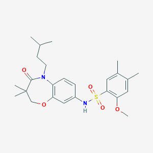 molecular formula C25H34N2O5S B2579773 N-(5-异戊基-3,3-二甲基-4-氧代-2,3,4,5-四氢苯并[b][1,4]恶杂环-8-基)-2-甲氧基-4,5-二甲基苯磺酰胺 CAS No. 922075-83-0