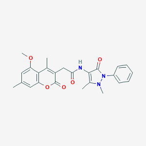 molecular formula C25H25N3O5 B257980 N-(1,5-dimethyl-3-oxo-2-phenyl-2,3-dihydro-1H-pyrazol-4-yl)-2-(5-methoxy-4,7-dimethyl-2-oxo-2H-chromen-3-yl)acetamide 