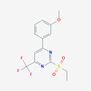 molecular formula C14H13F3N2O3S B2579829 2-(Ethylsulfonyl)-4-(3-methoxyphenyl)-6-(trifluoromethyl)pyrimidine CAS No. 862785-73-7