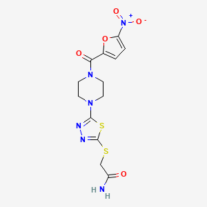 molecular formula C13H14N6O5S2 B2579857 2-((5-(4-(5-硝基呋喃-2-羰基)哌嗪-1-基)-1,3,4-噻二唑-2-基)硫代)乙酰胺 CAS No. 1105224-63-2