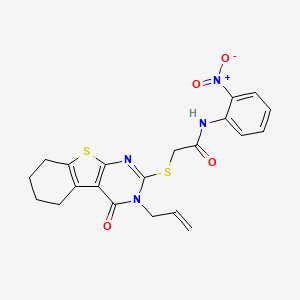 molecular formula C21H20N4O4S2 B2579870 N-(2-nitrophenyl)-2-[(4-oxo-3-prop-2-enyl-5,6,7,8-tetrahydro-[1]benzothiolo[2,3-d]pyrimidin-2-yl)sulfanyl]acetamide CAS No. 421577-86-8