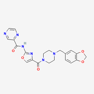 molecular formula C21H20N6O5 B2579885 N-(4-(4-(benzo[d][1,3]dioxol-5-ylmethyl)piperazine-1-carbonyl)oxazol-2-yl)pyrazine-2-carboxamide CAS No. 1396815-77-2