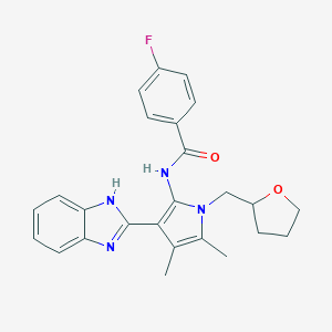 molecular formula C25H25FN4O2 B257990 N-[3-(1H-benzimidazol-2-yl)-4,5-dimethyl-1-(tetrahydro-2-furanylmethyl)-1H-pyrrol-2-yl]-4-fluorobenzamide 