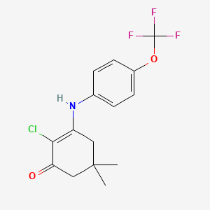 molecular formula C15H15ClF3NO2 B2579988 2-Chloro-5,5-dimethyl-3-((4-(trifluoromethoxy)phenyl)amino)cyclohex-2-EN-1-one CAS No. 1023491-75-9