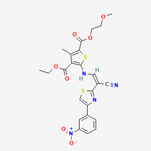 molecular formula C24H22N4O7S2 B2580039 (Z)-4-乙基 2-(2-甲氧基乙基) 5-((2-氰基-2-(4-(3-硝基苯基)噻唑-2-基)乙烯基)氨基)-3-甲硫代苯并呋喃-2,4-二羧酸酯 CAS No. 714283-03-1