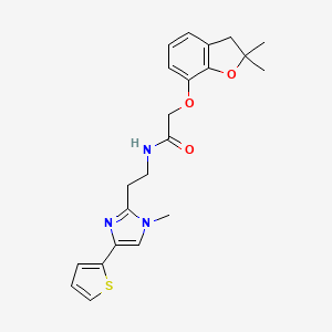 molecular formula C22H25N3O3S B2580074 2-((2,2-dimethyl-2,3-dihydrobenzofuran-7-yl)oxy)-N-(2-(1-methyl-4-(thiophen-2-yl)-1H-imidazol-2-yl)ethyl)acetamide CAS No. 1421499-54-8