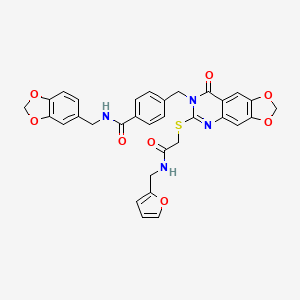 molecular formula C32H26N4O8S B2580108 N-(1,3-苯二氧杂环戊-5-基甲基)-4-{[6-({2-[(2-呋喃基甲基)氨基]-2-氧代乙基}硫代)-8-氧代[1,3]二氧杂环[4,5-g]喹唑啉-7(8H)-基]甲基}苯甲酰胺 CAS No. 688061-98-5